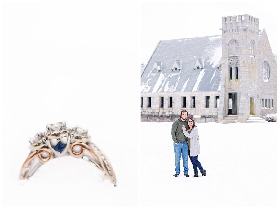 Old Stone Church Engagement Session with Snow