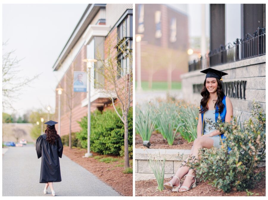 Senior girl wearing graduation cap and gown walking away from camera