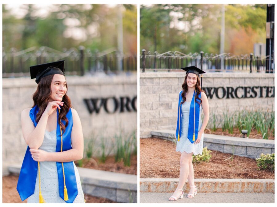 Senior girl looking at camera in front of Worcester State University sign