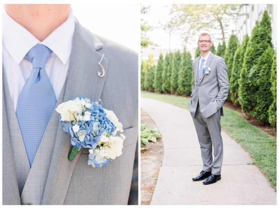 Detail of groom wearing boutonnière and groom smiling at camera