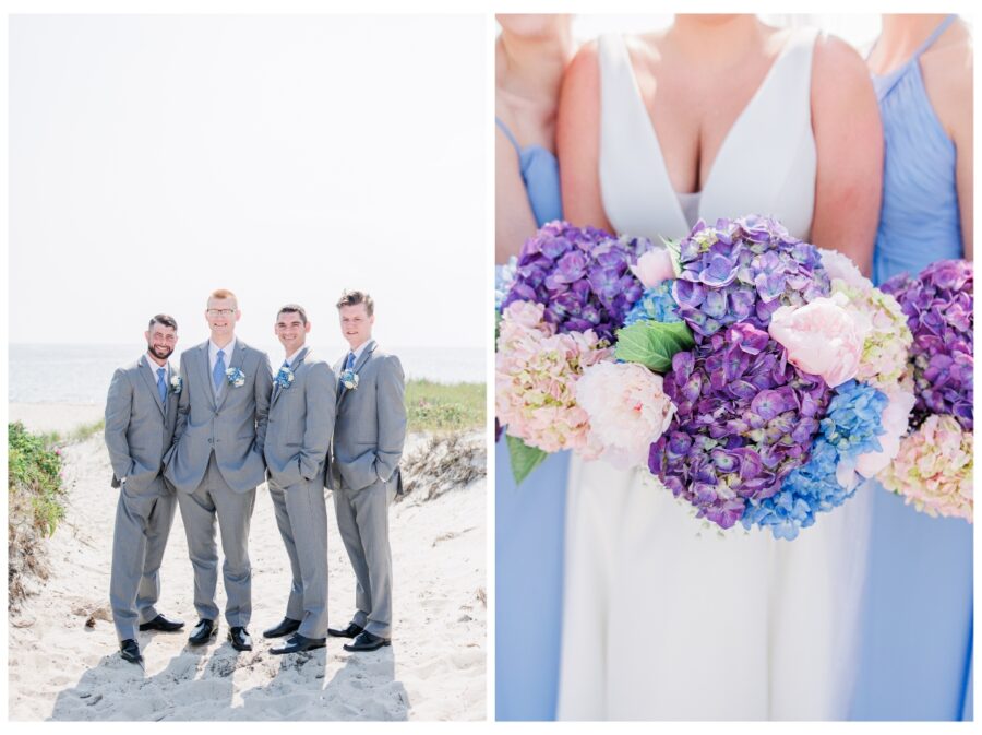Groomsmen and close up of wedding florals