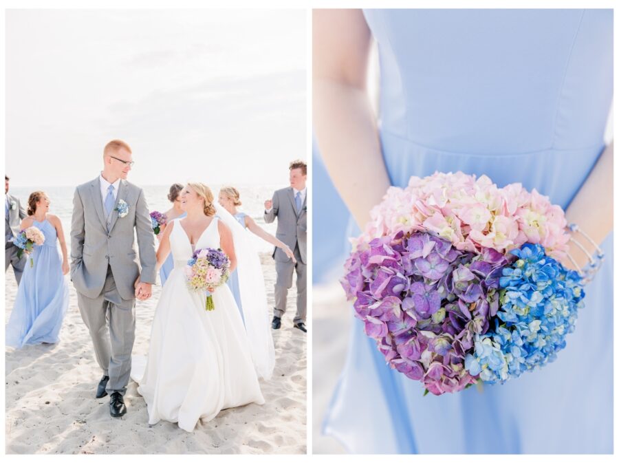 Bride and groom walking with wedding party and wedding florals