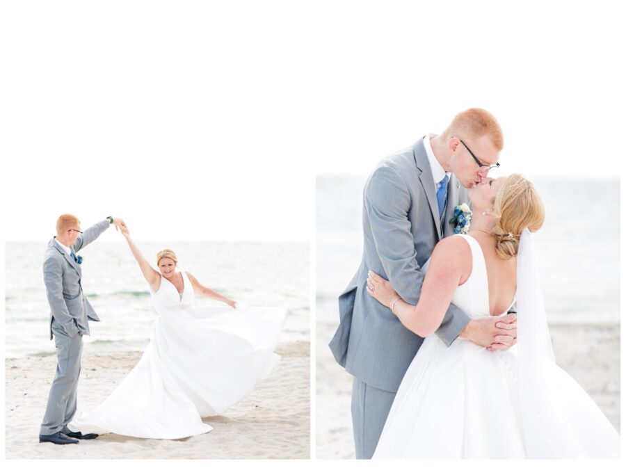 Bride spinning on the beach and bride and groom kissing