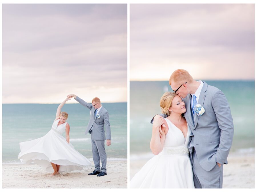 Bride and groom twirling on the beach