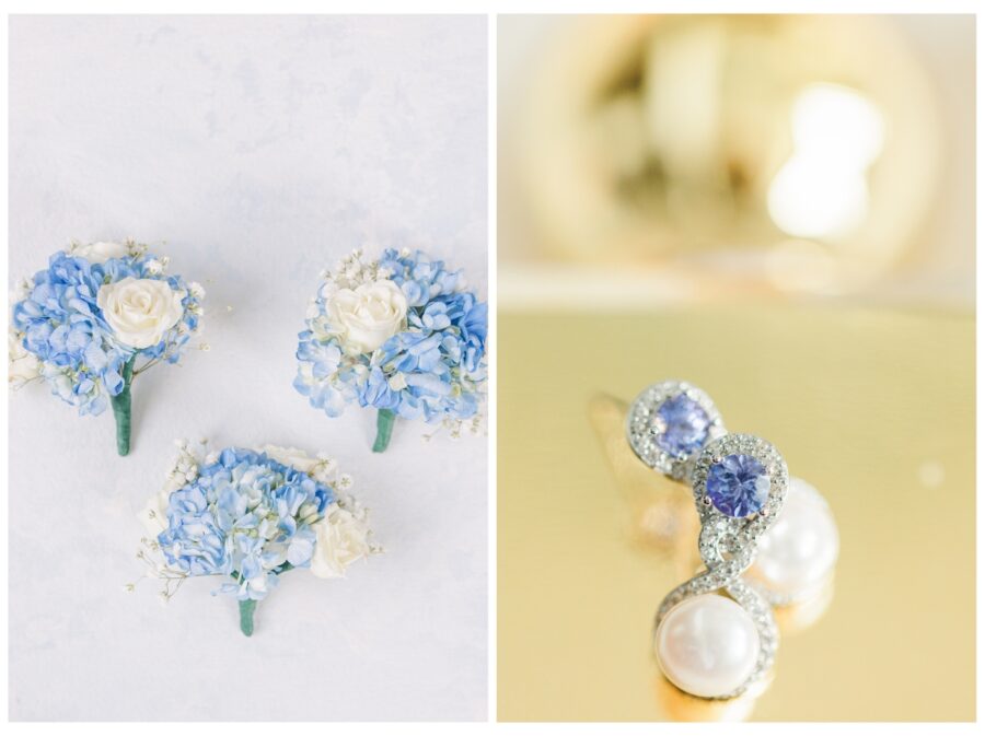 Blue hydrangea boutonnieres and earrings 