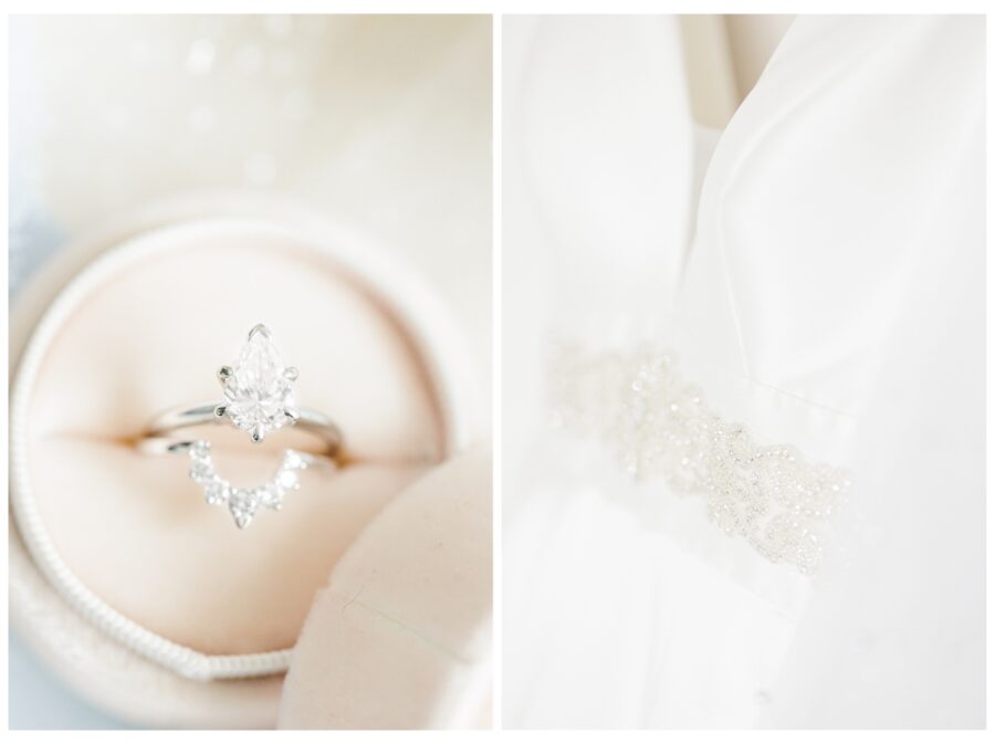 Wedding rings and close up of wedding dress