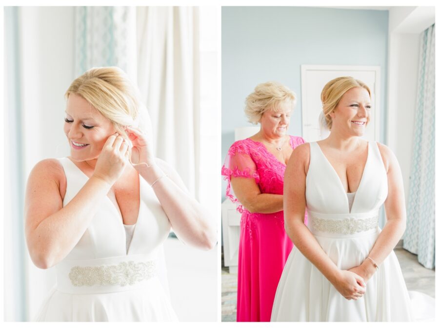 Bride adjusting earring and mother of the bride helping bride with dress