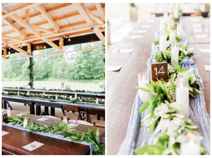 Wedding reception farmhouse tables with greenery at Branch and Blade Brewing Company