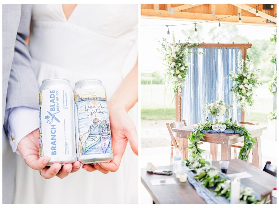 Bride and groom holding customized beer at Branch and Blade Brewing Company