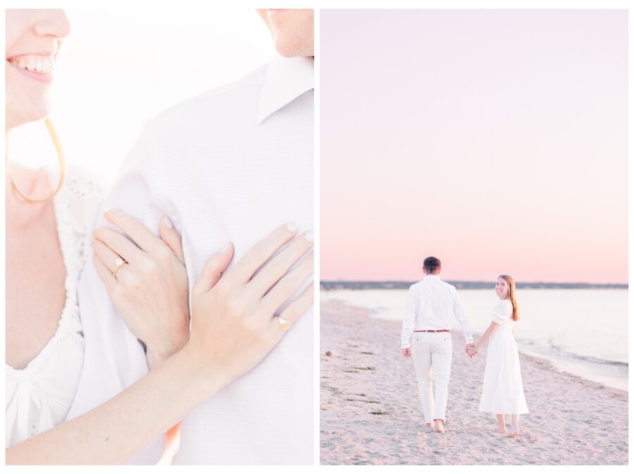 Couple holding hands and walking towards the sunset on the beach Dennis Engagement Session Cape Cod