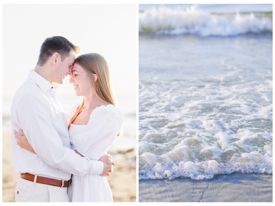 Couple hugging on the beach and waves Dennis Engagement Session Cape Cod