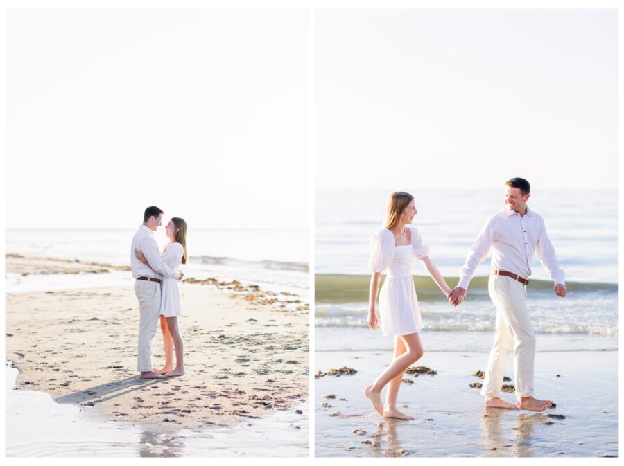 Couple walking in the waves Dennis Engagement Session Cape Cod