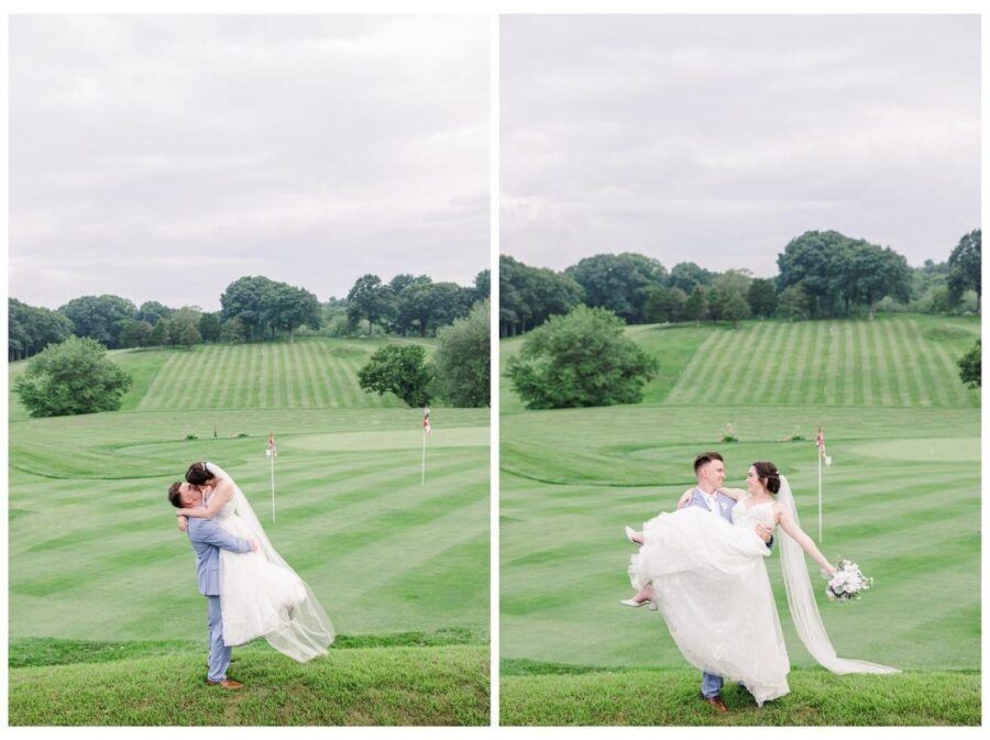Groom picking up bride in front of the golf course at their wedding at Pleasant Valley Country Club Sutton, MA