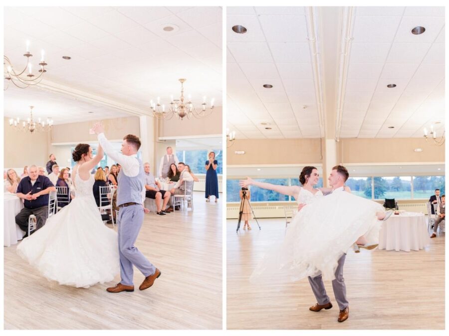 Groom holding and twirling bride during first dance at wedding at Pleasant Valley Country Club Sutton, MA
