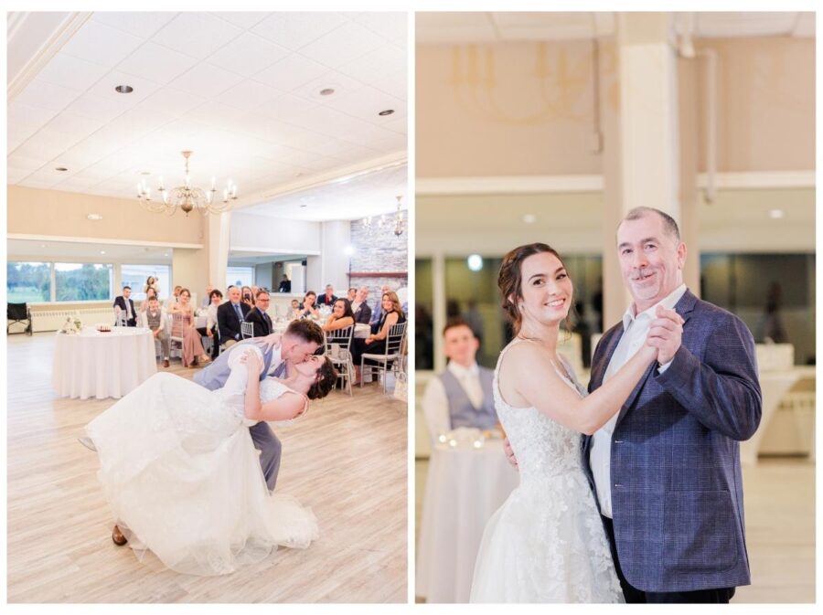 Bride and groom dipping during first dance and father daughter dance during wedding at Pleasant Valley Country Club Sutton, MA