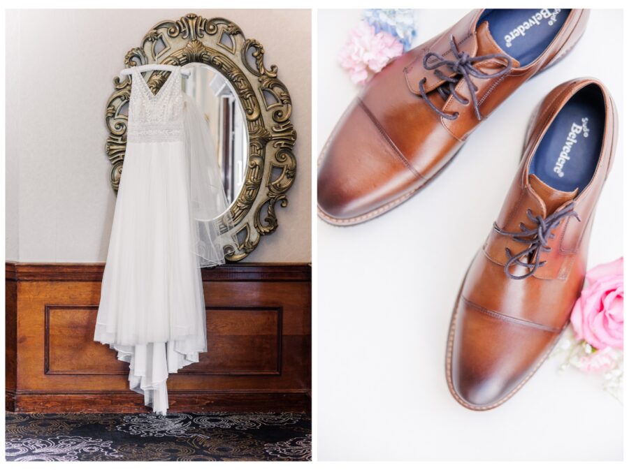 Wedding dress and groom's shoes The Colonial Hotel Gardner, MA Wedding