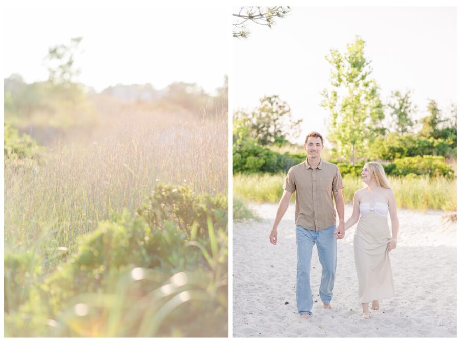 Beach grass and couple holding hands and walking at Wingaersheek Beach Engagement session in Gloucester, MA
