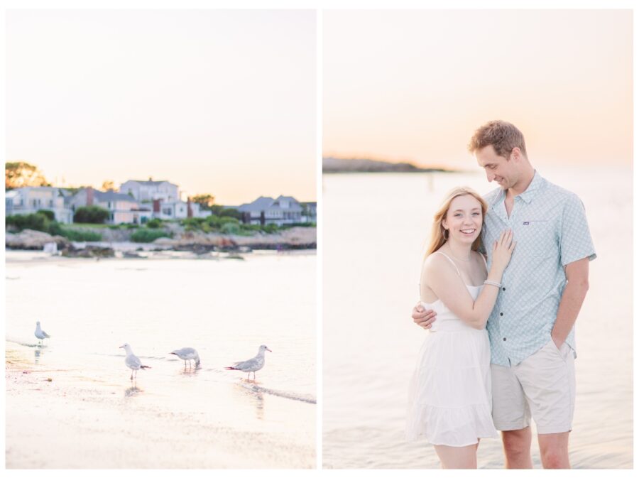 Seagulls and couple hugging in the ocean at Wingaersheek Beach Engagement session in Gloucester, MA