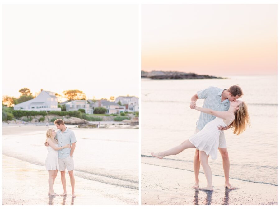 Couple doing a dip kiss by the ocean at Wingaersheek Beach Engagement session in Gloucester, MA