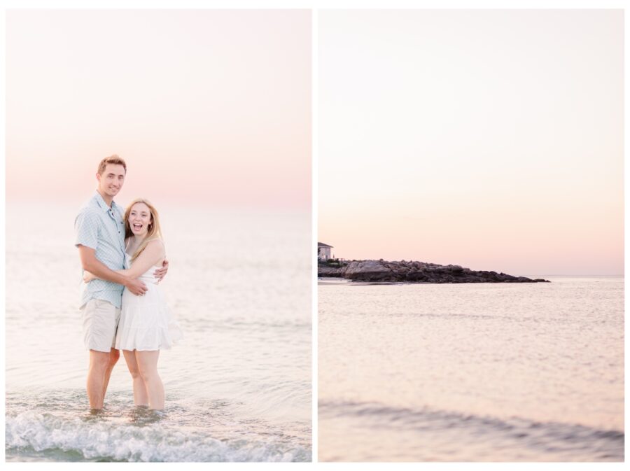 Couple laughing as waves hit them at Wingaersheek Beach Engagement session in Gloucester, MA