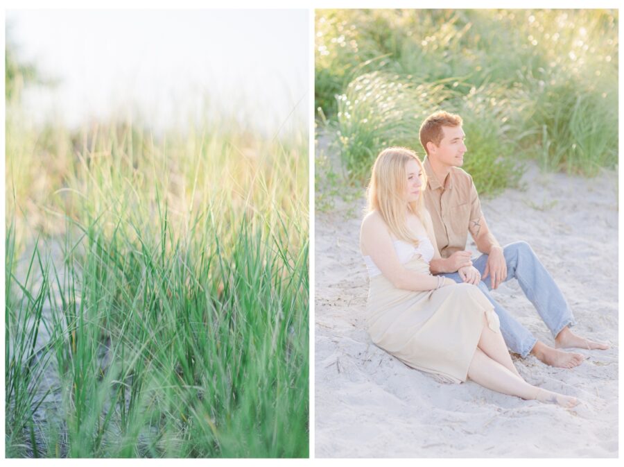 Couple sitting and holding hands by beach grass at Wingaersheek Beach Engagement session in Gloucester, MA