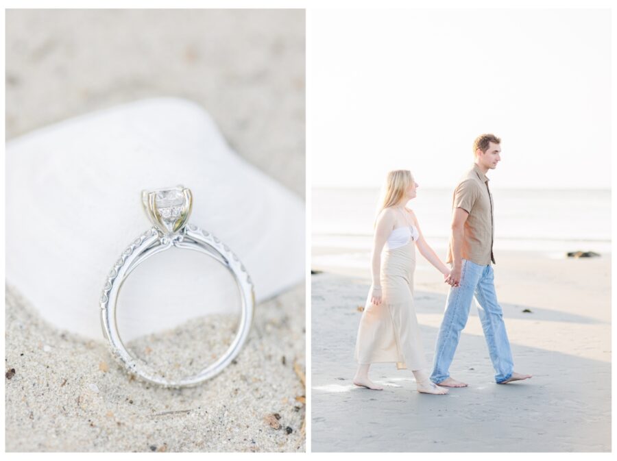 Engagement ring and couple holding hands walking at Wingaersheek Beach Engagement session in Gloucester, MA