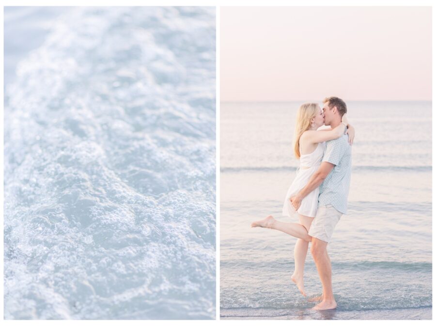 Waves and groom picking up bride and kissing in the ocean at Wingaersheek Beach Engagement session in Gloucester, MA