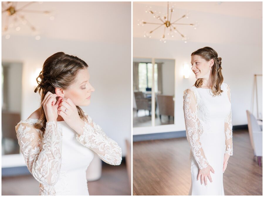 Bride putting in earrings before New Hampshire wedding