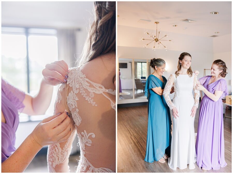 Bridesmaids helping bride into dress new hampshire wedding venues