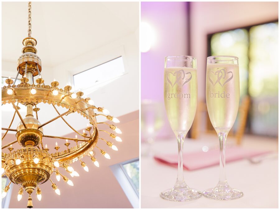 reception chandelier and bride and groom champagne flutes new hampshire wedding venues