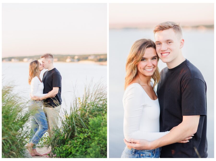 A couple kissing at hugging at The Knob Engagement Session Falmouth, MA Cape Cod