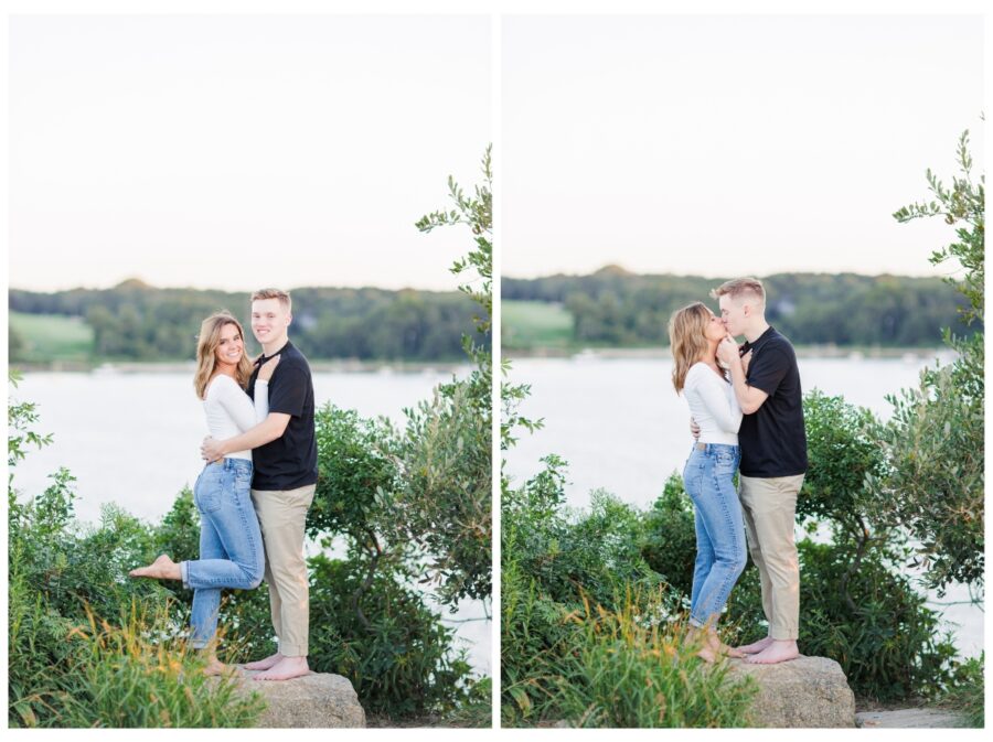A couple standing on a rock at The Knob Engagement Session Falmouth, MA Cape Cod