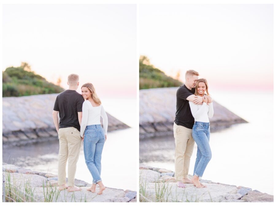 A couple hugging at The Knob Engagement Session Falmouth, MA Cape Cod