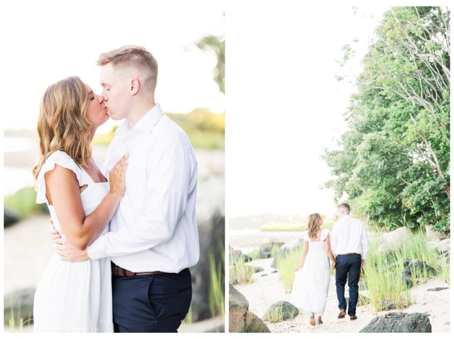 A couple kissing on the beach at The Knob Engagement Session Falmouth, MA Cape Cod