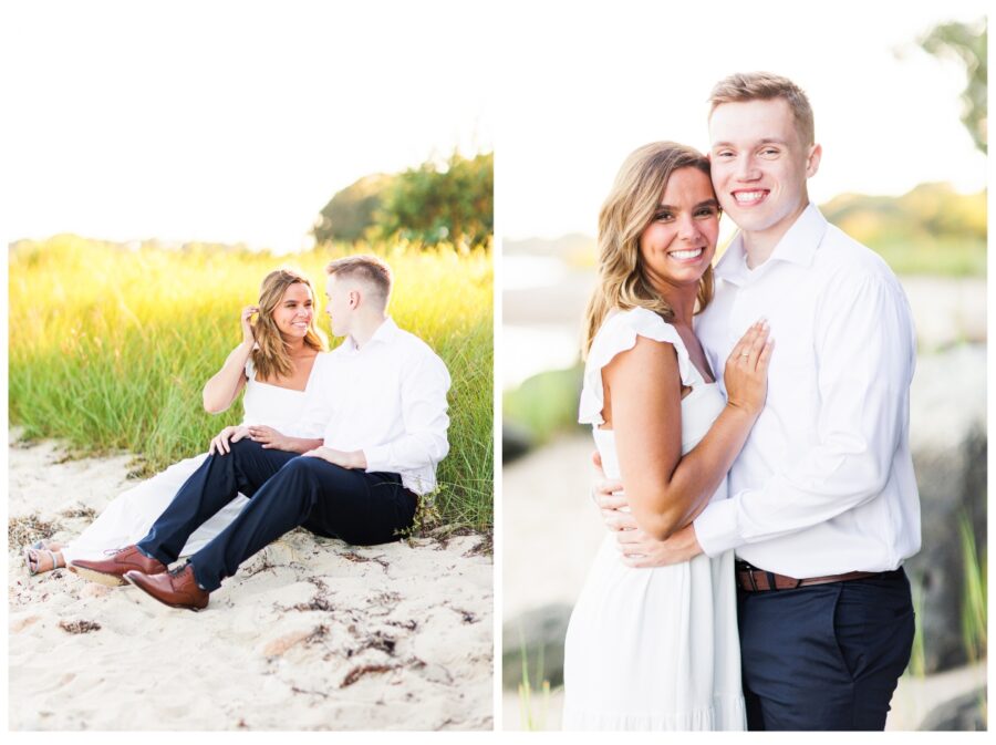 A couple sitting by beach grass at The Knob Engagement Session Falmouth, MA Cape Cod