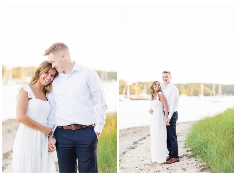 A couple hugging and smiling on the beach at The Knob Engagement Session Falmouth, MA Cape Cod