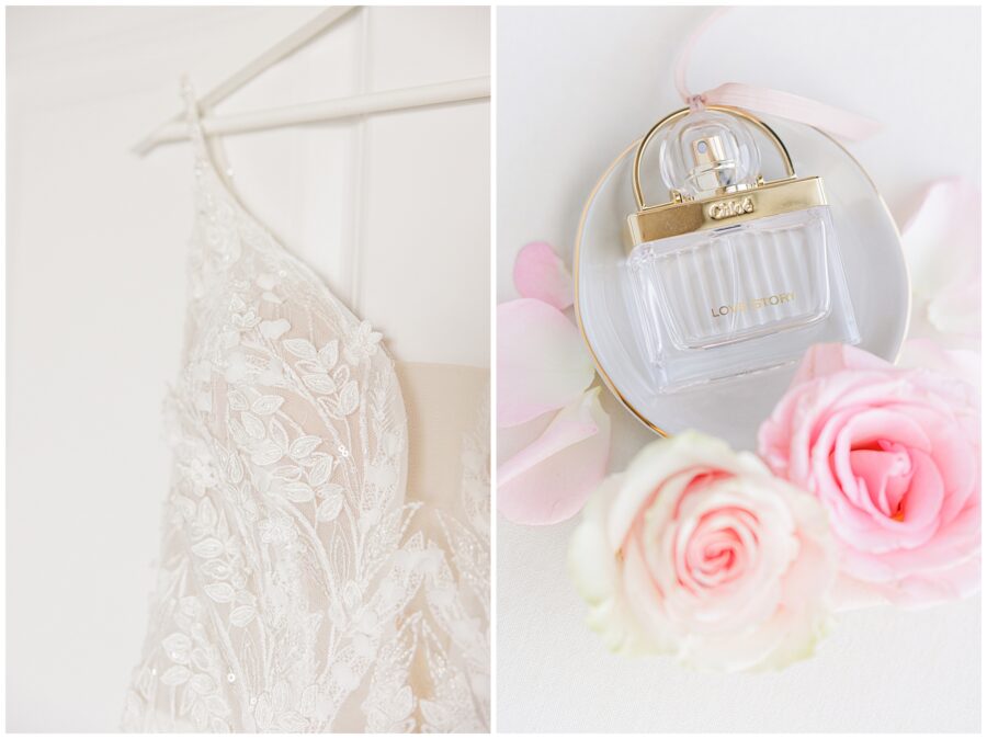 Close up detail shot of wedding dress and Chloé Love Story perfume