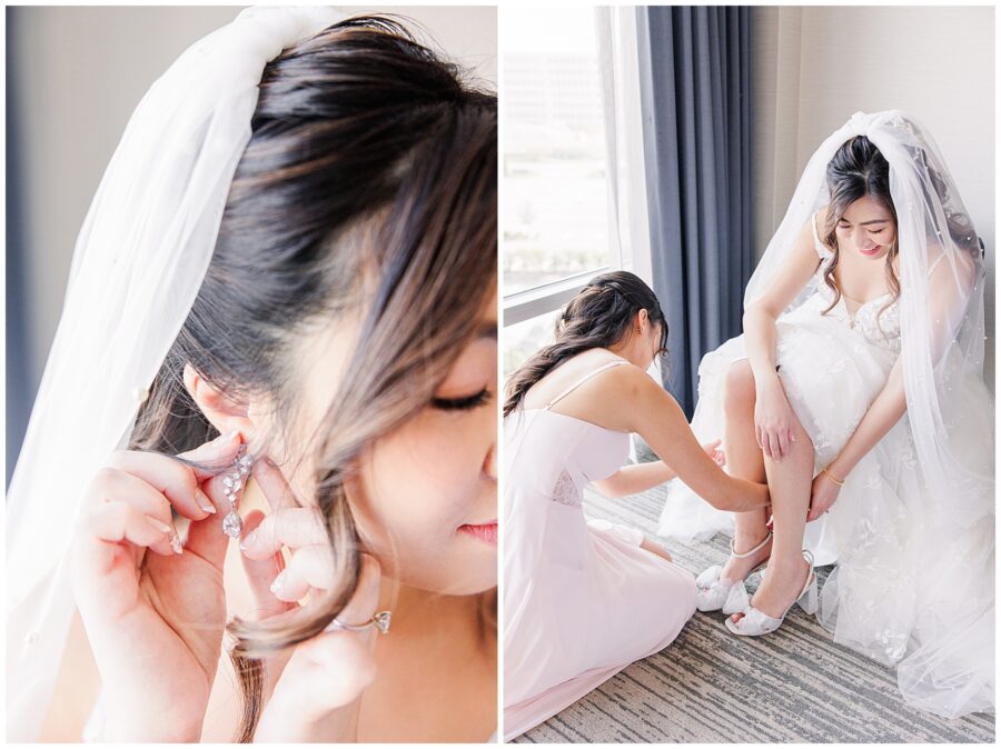 Bride putting on her earrings and shoes before wedding