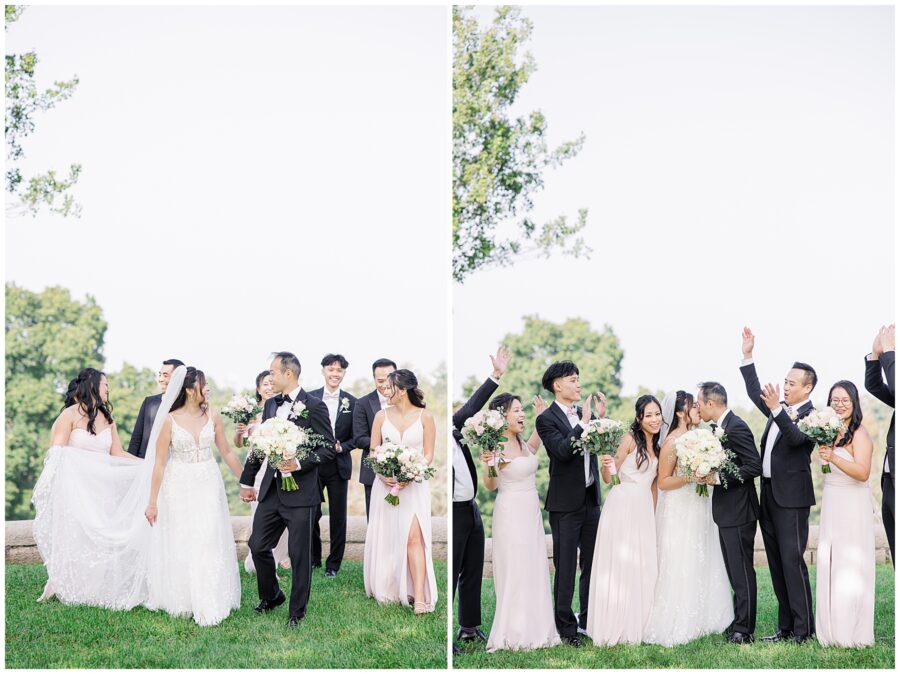 Wedding party cheering as bride and groom kiss