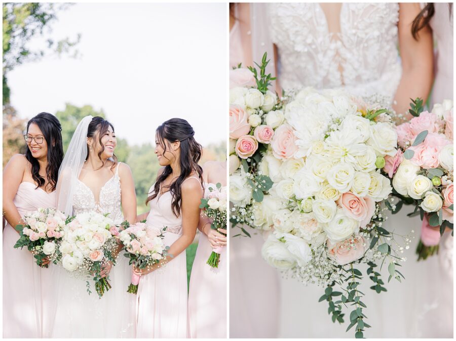 Bride and bridesmaids laughing while holding wedding florals