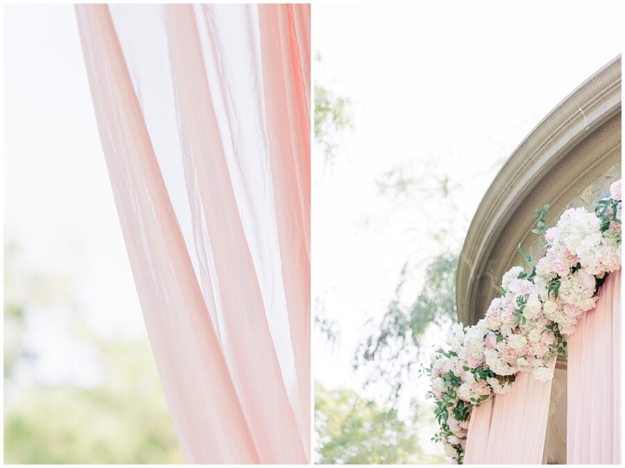 Wedding florals and blush draping