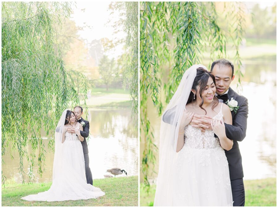 Bride and groom hugging by weeping willow trees