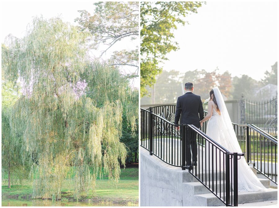 Bride and groom holding hands and walking over a bridge at Larz Anderson Park in Brookline, MA