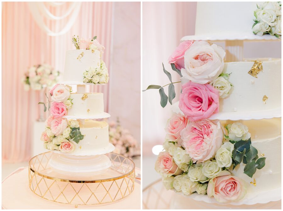 White wedding cake with pink florals