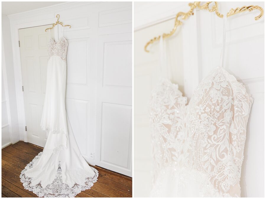 Bridal gown hanging on a gold hook at The Coonamessett bridal suite