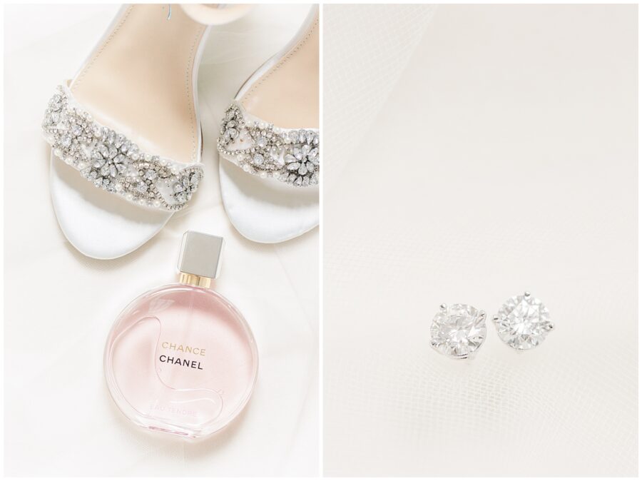 Chanel chance perfume, wedding shoes, and diamond earrings