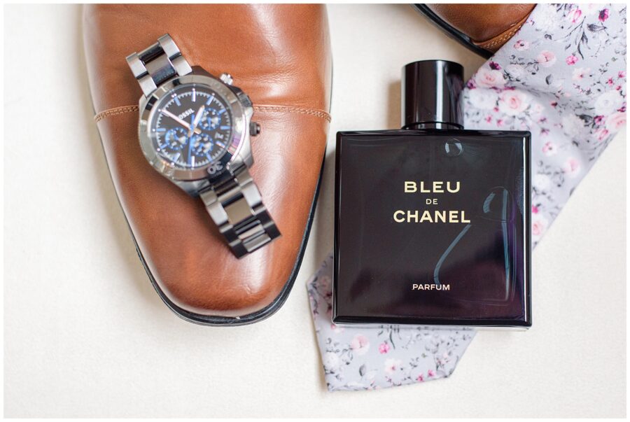 Groom shoes, tie, watch, and Bleu de Chanel cologne