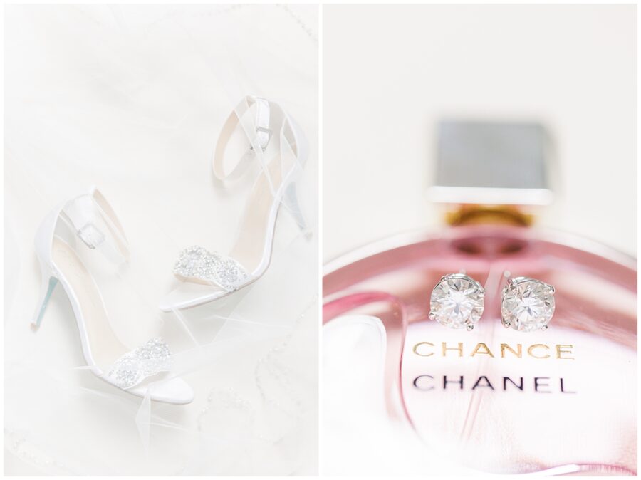 Bridal shoes underneath wedding veil and diamond earrings on Chance by Chanel perfume