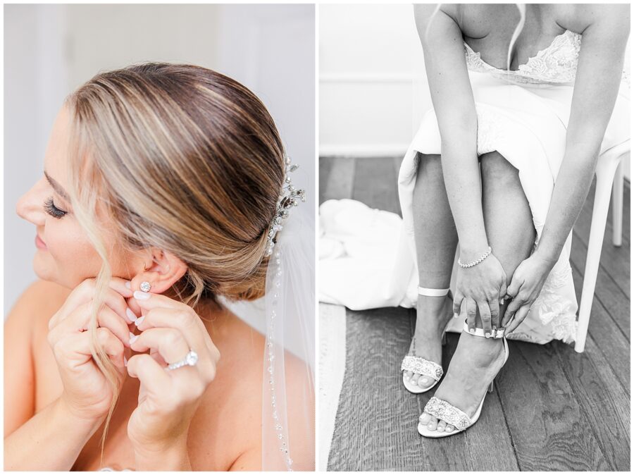 Bride putting on earrings and shoes