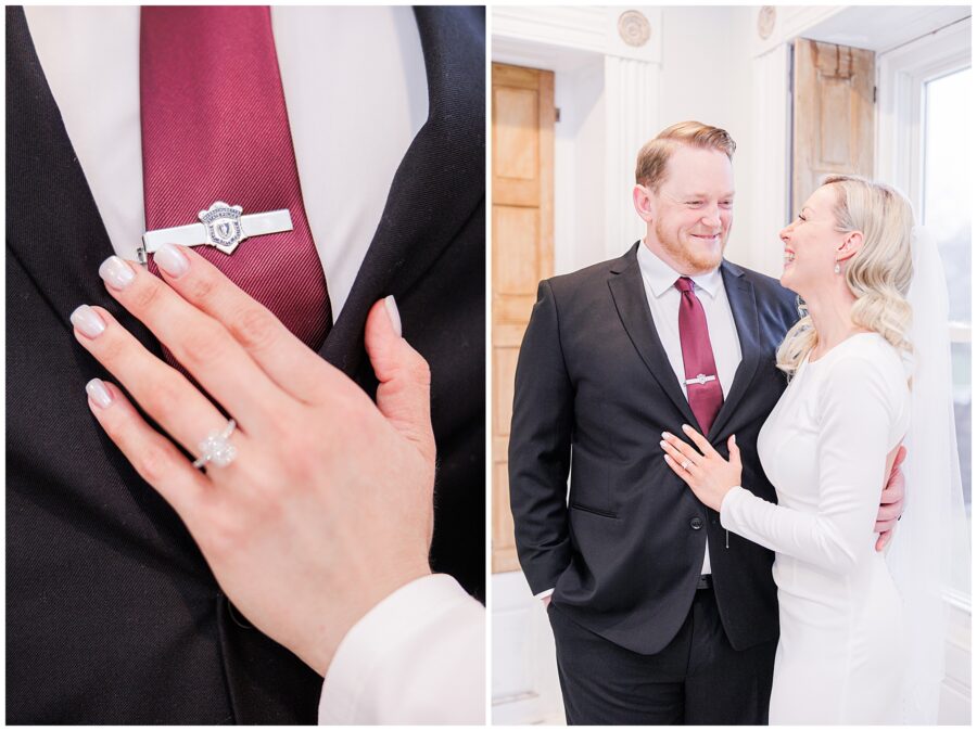 Bride and groom laughing and close up shot of Massachusetts State Police tie clip